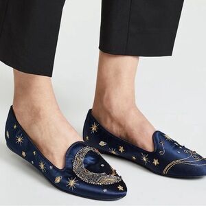 TORY BURCH Olympia Embroidered Smoking Loafers In Perfect Navy size 7